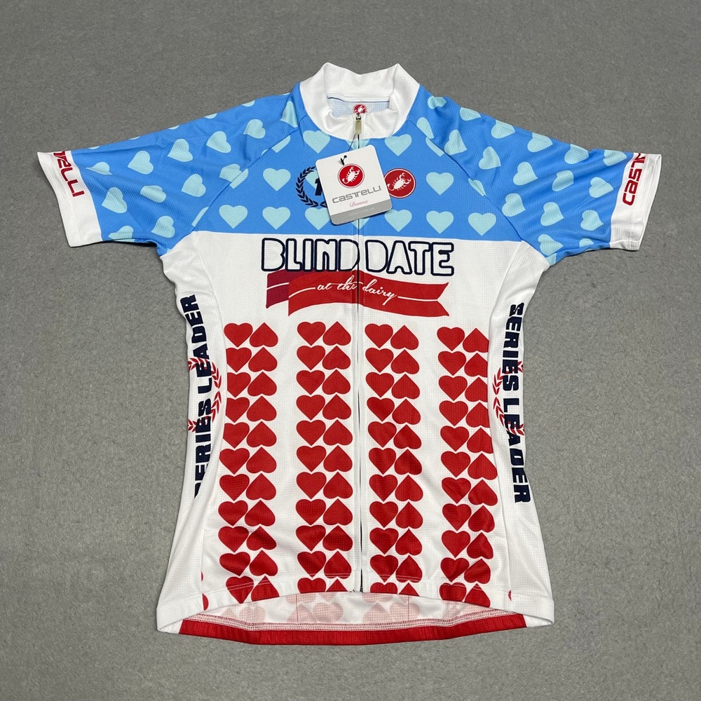 Castelli Donna Cycling Jersey Women Large Blind Date at the Dairy Blue Red Heart